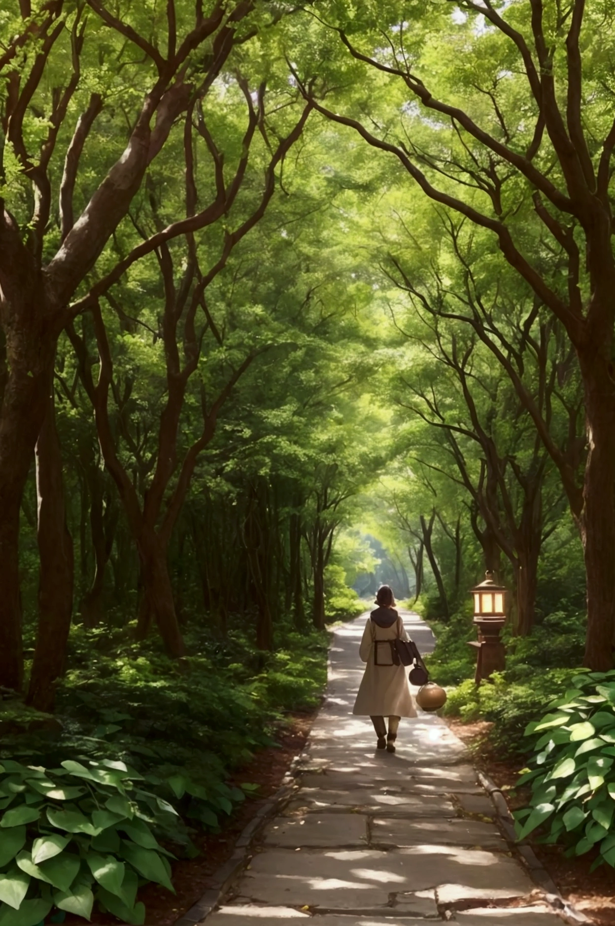 Create a scene of a person walking through a quiet winding forest path. The path is dappled with sunlight filtering through the trees, creating a warm inviting atmosphere. In the person’s hand, they carry a small glowing lantern close to their heart symbolizing the inner light that guides their way. Along the path subtle glowing orbs hover representing the positive moments and thoughts that can change their day and direction. The scene should evoke a sense of calm inner strength and gentle guidance