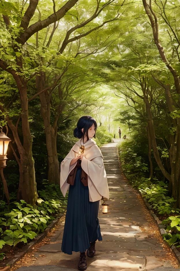 Create a scene of a person walking through a quiet winding forest path. The path is dappled with sunlight filtering through the trees, creating a warm inviting atmosphere. In the person’s hand, they carry a small glowing lantern close to their heart symbolizing the inner light that guides their way. Along the path subtle glowing orbs hover representing the positive moments and thoughts that can change their day and direction. The scene should evoke a sense of calm inner strength and gentle guidance