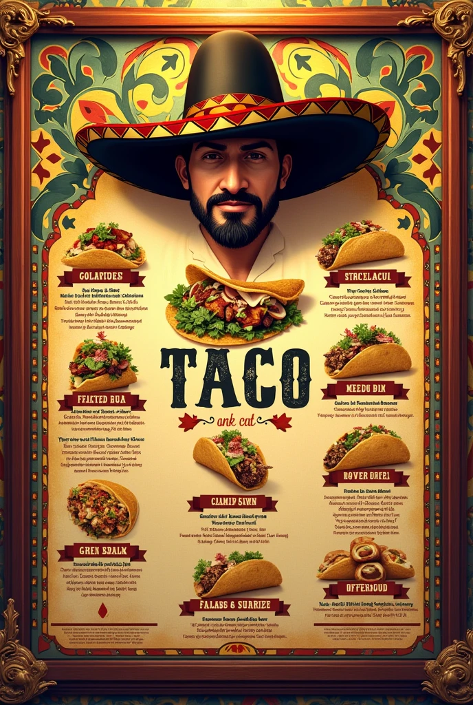 Give me a Mexican taco menu Add a Mexican Godfather style hat
