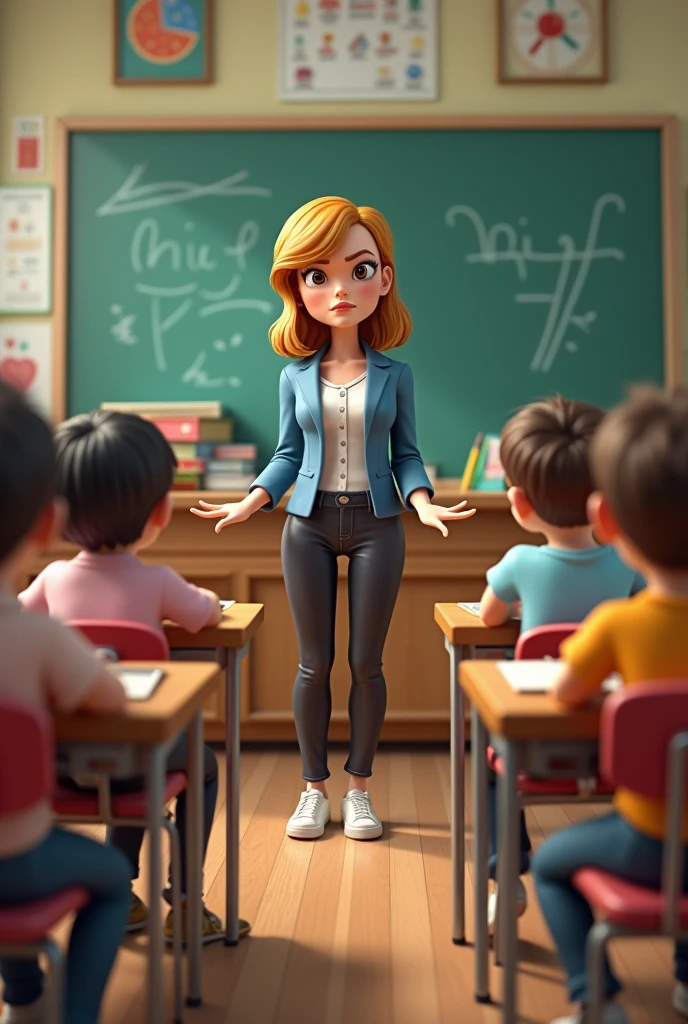 - **3D Illustration:** At school inside a classroom, students sitting on their chairs and mean lady teacher standing angry. Include all elements of class room of Age 6 to 10 would have. Design it perfect for 8.5inch by 8.5inch.