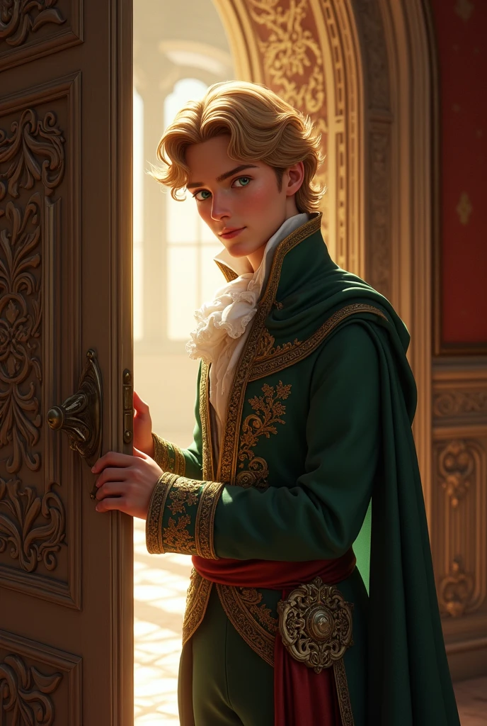 A prince with green eyes and somewhat blond hair opening a door