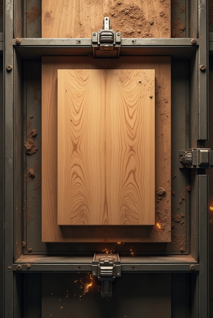 a large rectangular piece of wood inside a metal square while being cut by a machine seen from above