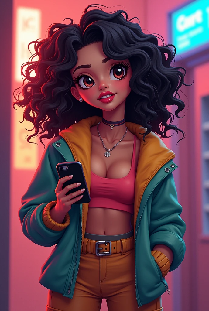 woman with very curly and frizzy hair and blacks, thick and pink lips, Brown eyes, fat and wide face, woman with cell phone in hand,  gamer clothes, styled, Disney movies