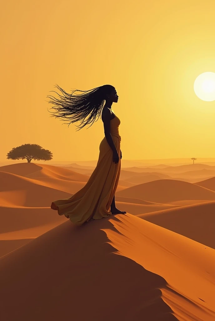 femme africaine en haut d'une dune de sable dans le desert, le regard vers nous, cheveux au vent, jolie payage avec un oasis en fond, soleil couchant 