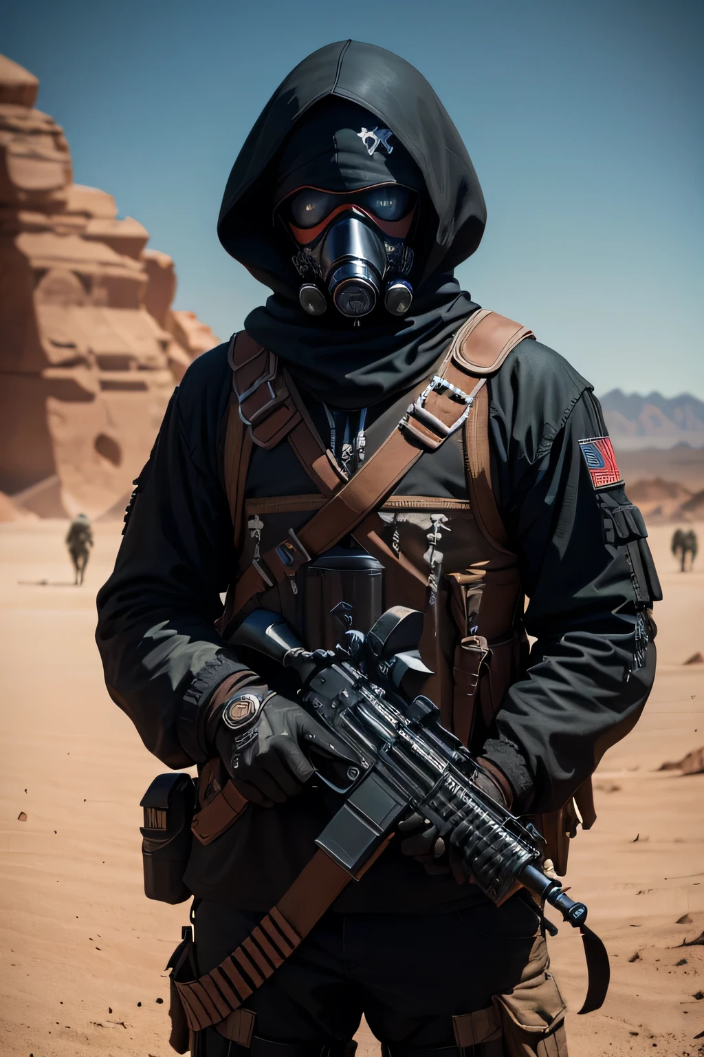 Dark Art Dark Web Evil Pirate,Using a gas mask,in the desert,wearing an M4,darkness,obscure,4k