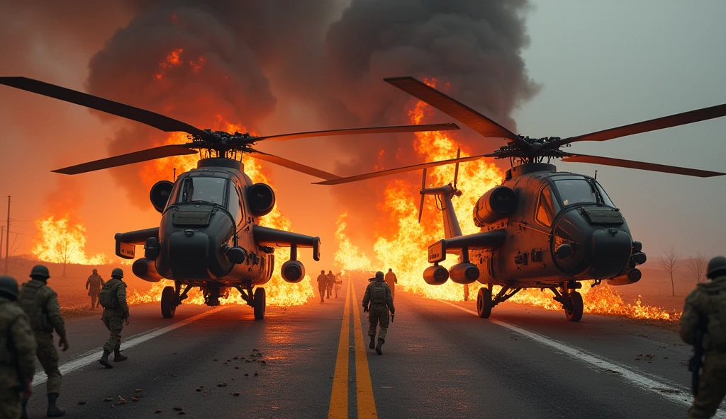 2 ATTACK HELICOPTER BURNING ON THE ROAD, GLOOMY WEATHER, SOLDIERS PANICKING