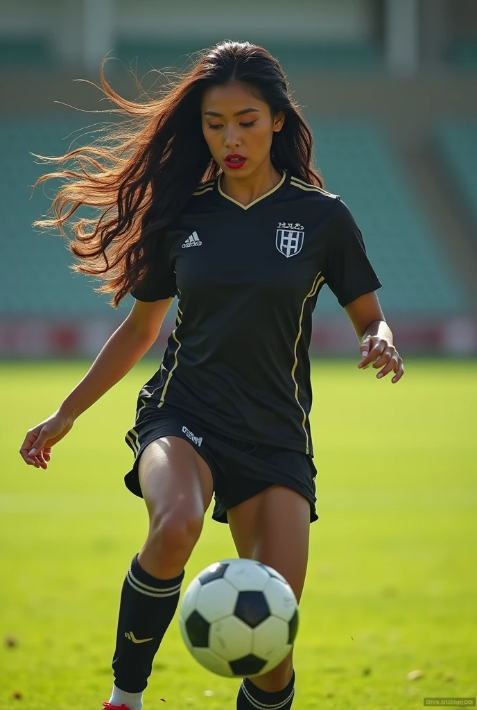 A beautiful woman with red lips and beautiful long black hair playing football Human image