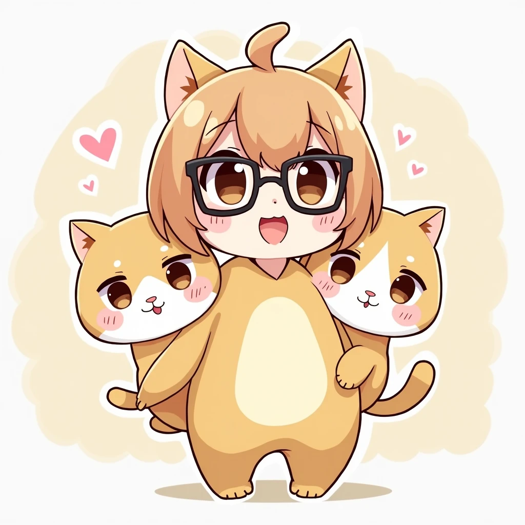 Brown hair color　Bob Short　Cat costume　three-headed body　Black-rimmed glasses　anime　An illustration　Sanrio style　cute
