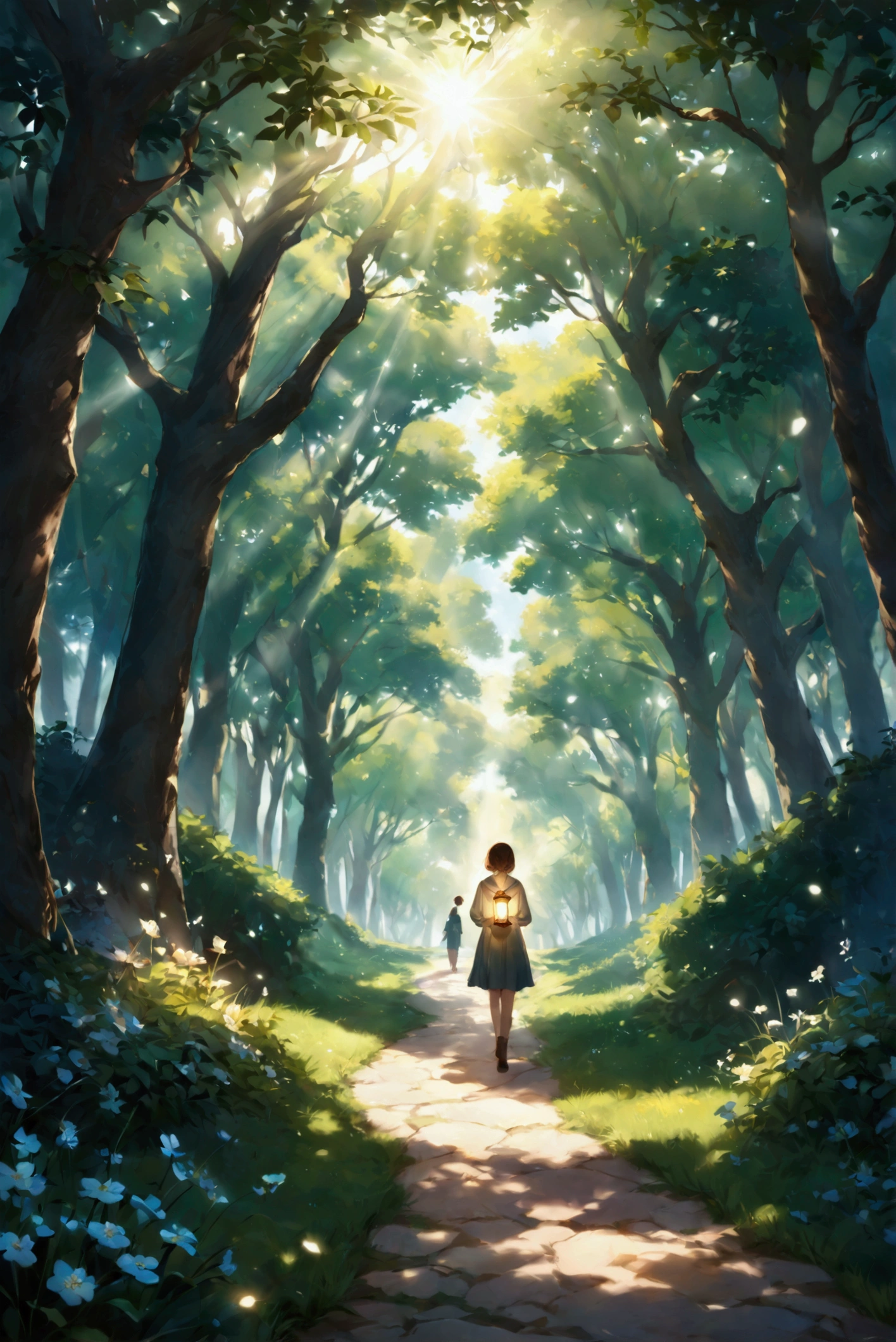 Create a scene of a person walking through a quiet winding forest path. The path is dappled with sunlight filtering through the trees, creating a warm inviting atmosphere. In the person’s hand, they carry a small glowing lantern close to their heart symbolizing the inner light that guides their way. Along the path subtle glowing orbs hover representing the positive moments and thoughts that can change their day and direction. The scene should evoke a sense of calm inner strength and gentle guidance