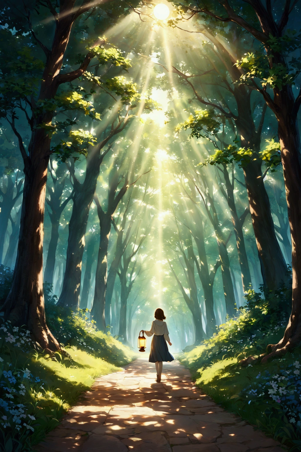 Create a scene of a person walking through a quiet winding forest path. The path is dappled with sunlight filtering through the trees, creating a warm inviting atmosphere. In the person’s hand, they carry a small glowing lantern close to their heart symbolizing the inner light that guides their way. Along the path subtle glowing orbs hover representing the positive moments and thoughts that can change their day and direction. The scene should evoke a sense of calm inner strength and gentle guidance