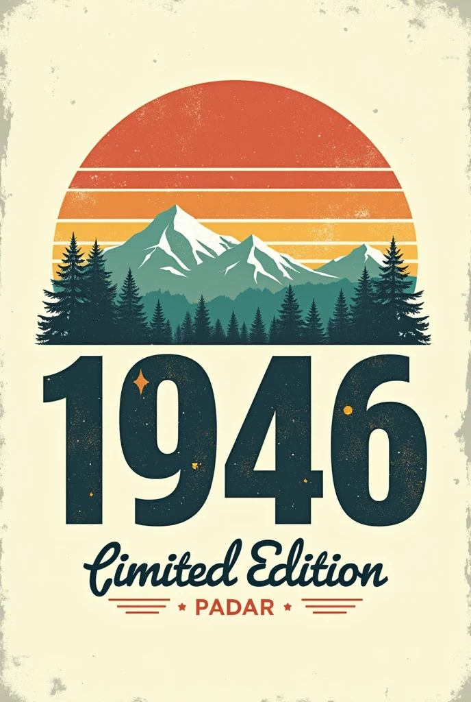 "Design a vintage-style graphic poster with the words 'ORIGINAL DECEMBER' at the top in bold, retro font. Below this, include the year '1946' in large, stylized numbers with each digit in a different retro color and pattern. Below the year, add the text 'Limited Edition' in a cursive script font. The background should feature a landscape with mountains and trees, using a color palette of teal, orange, and cream, with horizontal stripes of color representing a sunset. The overall design should have a weathered, slightly distressed look to enhance the vintage feel." white background