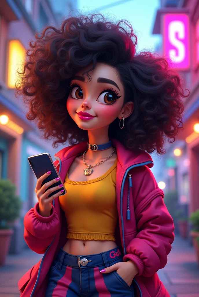 woman with very curly and frizzy hair and blacks, thick and pink lips, Brown eyes, fat and wide face, woman with cell phone in hand, gamer clothes, styled, Disney movies