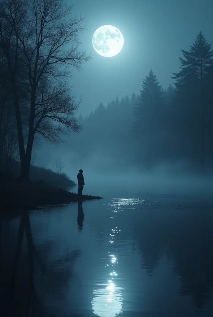 (0:00 - 1:00)
Scene: Intro and First Verse

Visuals: Start with a dark, misty forest scene at night. The camera slowly pans through the trees, revealing moving shadows and faint moonlight filtering through the fog. As the first verse begins, the focus shifts to a small, reflective lake. A solitary figure stands at the edge, gazing into the water. The moon is high in the sky, its reflection shimmering on the lake's surface. Ripples begin to form as the cello plays, distorting the reflection.
Effects: Use soft lighting to create a gentle glow around the moon. Add subtle shadow movements and light flares to enhance the ethereal atmosphere. Keep the colors cool and muted, focusing on deep blues, purples, and silvery whites.
Prompt: "A misty forest at night with a reflective lake, shadows moving in the moonlight, a solitary figure standing by the water as ripples form, all in a cool, muted color palette."

