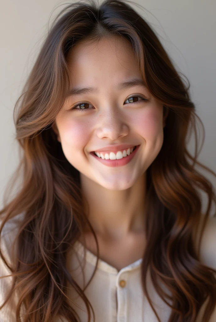 1 girl,beautiful woman,long brown hair, happy expression,grin, challenging smile, embarrassed, blush, looking at viewer,face only,simple background, shot with a Fujifilm DSLR camera