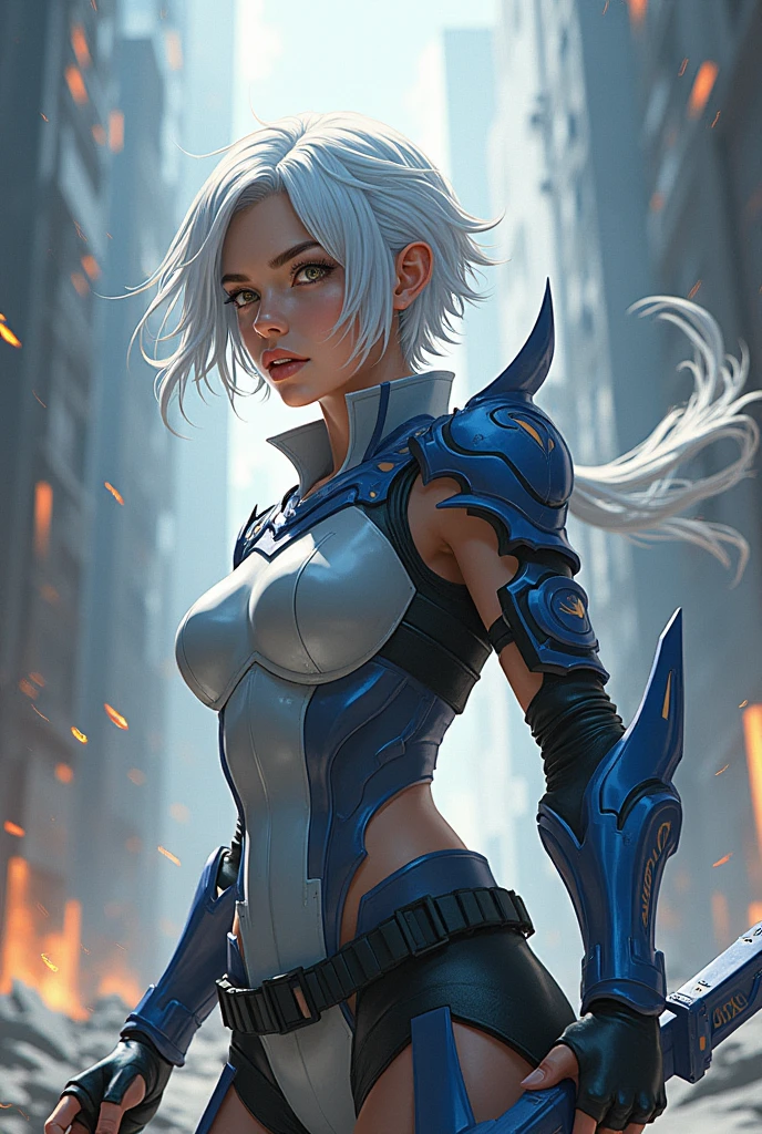 create a woman, she has white hair, she has short hair, She wears light armor, create in 2D, create art similar to vox machina, I created a 2D, create as if it were an anime, not so realistic, based on the art of Attack on Titan, based on the art of Avatar the legend of korra