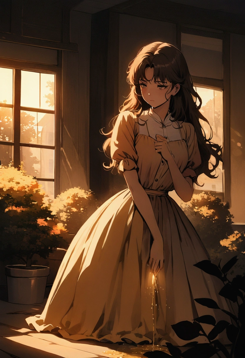 beautiful girl dripping with golden urine, peeing, simplistic but highly realistic artstyle, masterpiece, elegant pose, dramatic lighting, cinematic, moody atmosphere, warm color palette, house window, garden, shade, tree