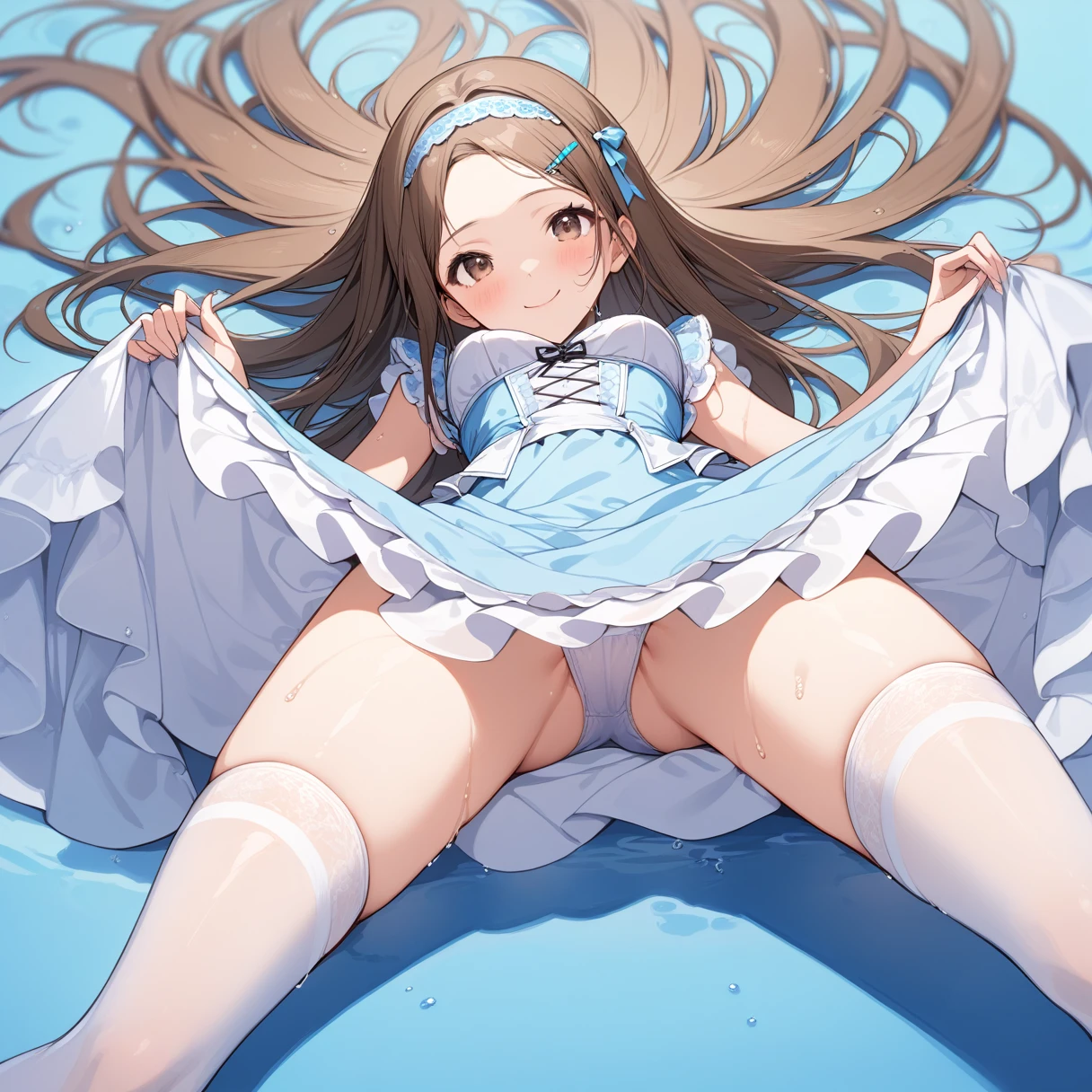 (masterpiece), (Highest quality), High resolution, (Very detailed), (Best illustrations), (Best Shadow), (so beautiful), (very cute), (Absurd), (Blue background), (Blue Room), (Blue carpet), round-shaped face, 
(Highly detailed face), Perfect limbs, 

（Minase Iori）, , 
Dark brown hair, Long Hair, Long Hair, Brown eyes, Hair band, Hair Clip, 
Beautiful small breasts, Shyness, smile, Pitiful, Her behavior is very quiet., 
 
Perfect limbs, Perfect Anatomy, Thin legs, Intricate details, Five perfect fingers, One person, so beautiful少女, very cute少女,Big eyes, slender, Tight waist,  (White knee socks), 

Beautiful Skin, Wet, sexy,Charm, full body of a young girl, 
(One person、solo:1.3), Full Shot, 

Erotic, , 
Victorian maid outfit, Short skirt, ribbon, 
Underwear with pink stripes, White frilly underwear, 小さいribbonが付いてる下着,

Beautiful legs standing with slightly open legs, View from the front and slightly below,