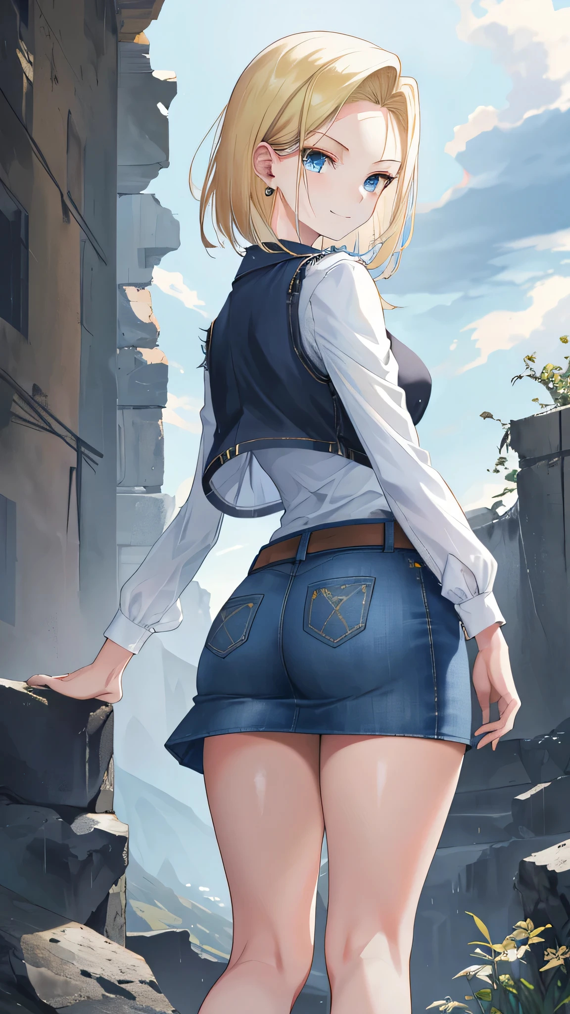 best qualityer, high resolution, e18, 1 girl, android 18, standing alone, hair blonde, blue colored eyes, waist belt, tight blue denim skirt, gold_necklase, closed fists, black jersey, shorth hair, long sleeves, aretes, open vest, Jeans dress, medium breasts, cowboy shot, mountainscape, ever forward, (climate: raining and wind), wetclothes, fierce smile, Combat posture, Battle ruins, Broad Hips, thick thight, body soaking wet, dirty laundry, from behind,