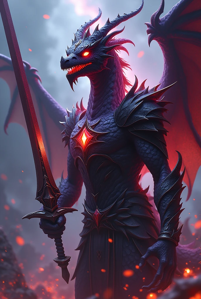 Create a terrifying version of a white anthropomorphic gemstone dragon with dragon-themed paladin armor and a mystical appearance. For the scary version, emphasize darker, more intense elements of the skin. Use background, ominous colors like dark purples, black, and reds. Highlight strong tones, menacing features like fierce, shiny dragon scales, Malevolent Eyes. Add dramatic effects like stormy or fiery energy around you and make your sword look more formidable and menacing. Make sure your dragon motifs and armor look more intimidating, jagged appearance to enhance the overall frightening presence