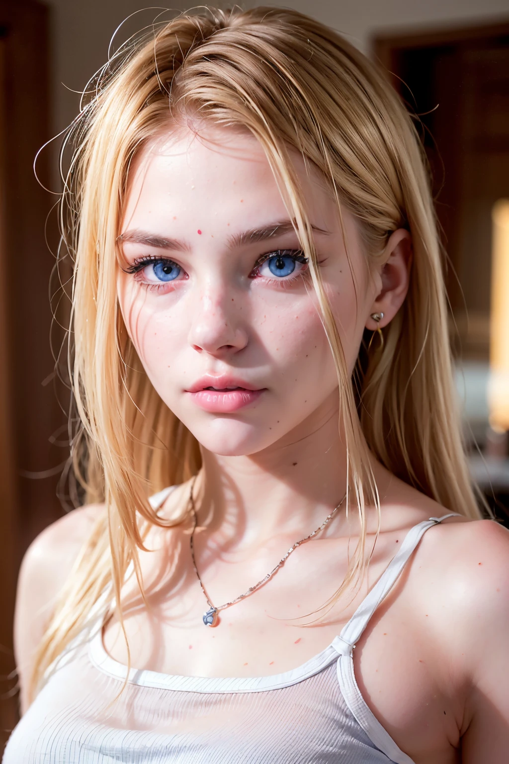 full body photo ((AlexiaThompson01R's face)). beautiful 15 year old girl. perfect, blonde hair, straight hair, blue eyes. vibrant blue eye. loose hair, hair falling over one eye, emo bangs. beautiful and perfect girl, smooth white skin. thin nose, thin chin. white top.