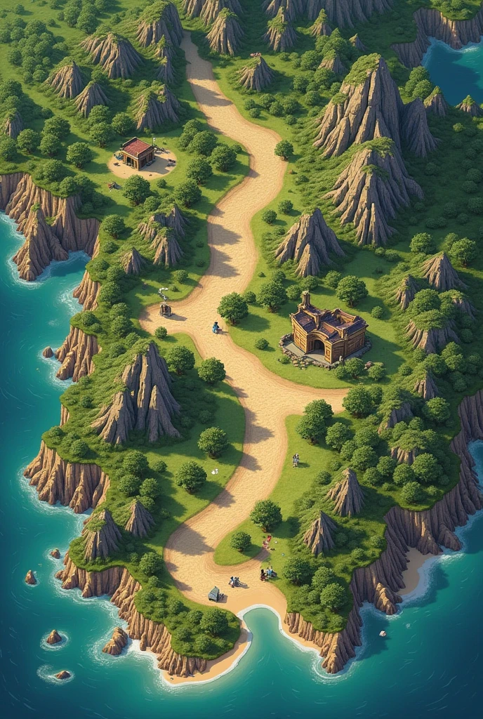 Map of a tabletop RPG game, open world, top view with squared cubes, of a 2d game