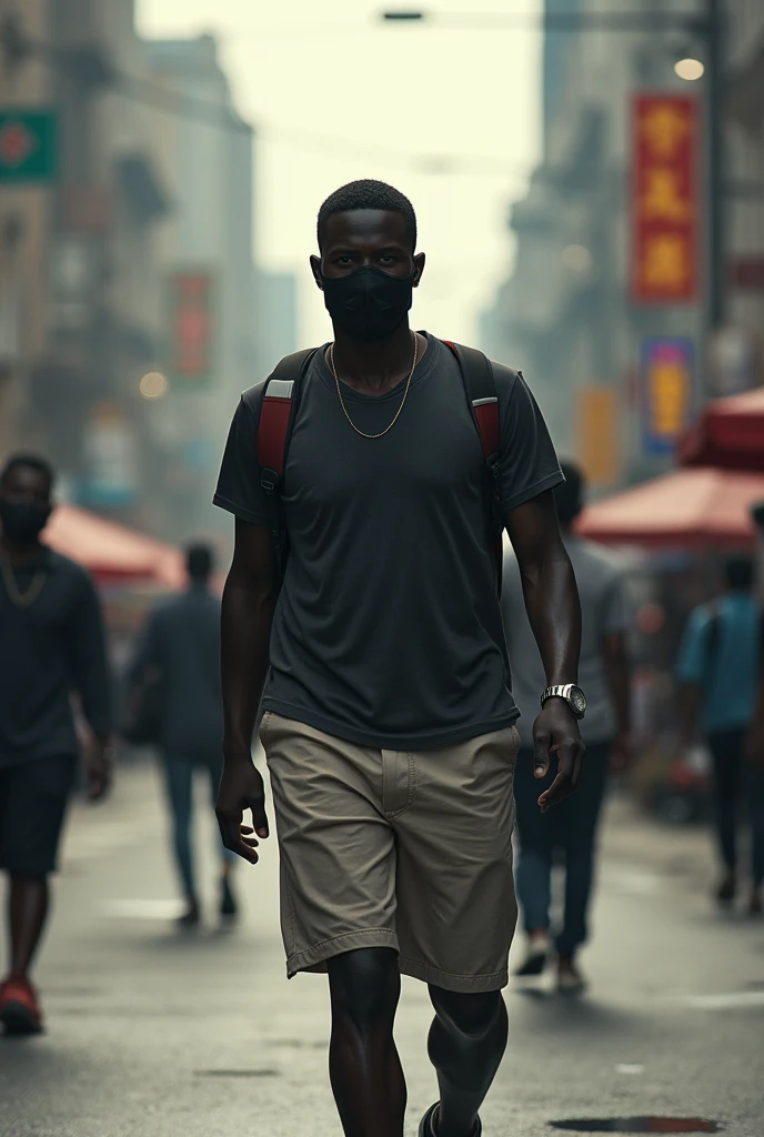 A man with almost black skin, wearing shorts and a shirt, wearing a black surgical mask, walking in street 