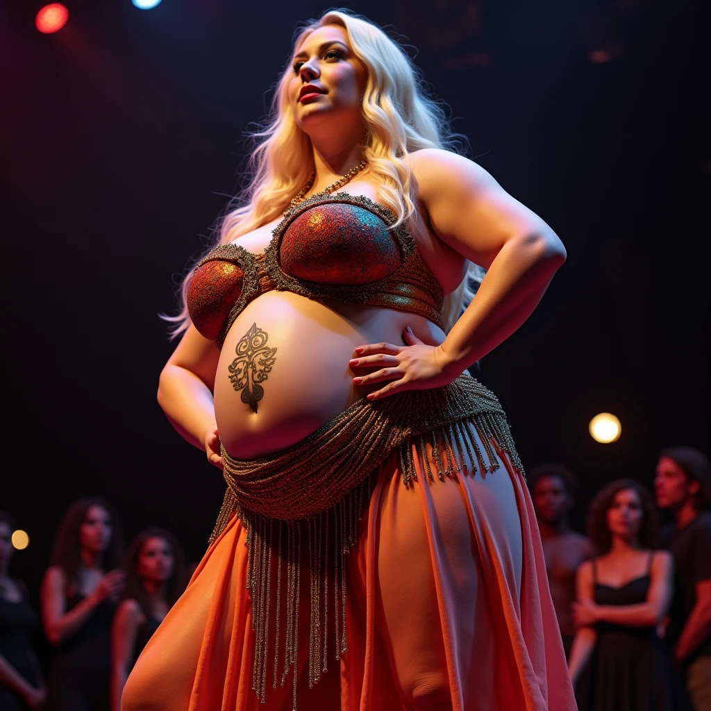 A plus size model woman is obese and fat, weighing 150kg, with lots of belly fat, she gained weight by eating too much, she is an obese plus size model with a very large belly, her belly is bulging and covered with a lot of fat, she has blonde hair in a colorful costume, a saggy belly and a tattoo around her navel, she is belly dancing on stage, swaying her body to the music, 4K quality, low angle