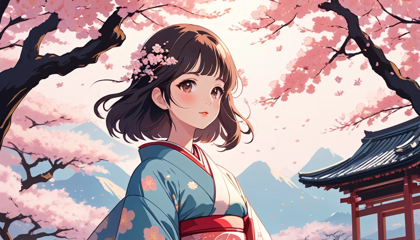 Woman in kimono、Background is cherry blossoms、Wide-angle lens, Lofi Anime, Lofi illustration, Aesthetic atmosphere, Lo-Fi Style, Vector art, Flat Design, Simple shape, Warm tones, Pleasant atmosphere, Chill, In anime style, Digital drawing, Vector art, Vector logo for t-shirt printing, (Adorable:1.5), (small:1.4), (Playful:1.2), (soft:1.3), (Whimsical:1.1), masterpiece, Highest quality, 8k, Intricate details, grow, Celestial, Mysterious, Picturesque, amazing, Majestic, Magic, Fantasy art, Cover art, dream-like