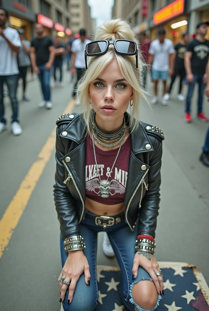 russian old milf woman, , blonde platinum hair (beehive bun) and oversized square sunglasses as headband), with very light green eyes, extremely pale. Wearing studded, padded shoulders,  cropped black moto jacket (zippers on the side. dark burgundy push up t-shirt with skull and wings logo and gothic lettering,, dark skinny low rise blue jeans with holes on knees .White tennis sneakers. Lots of thick wide studded  bracelets, chain collars and big rings. Tacky wide studded leather belt with big eagle oval buckle. Long earrings with chains. Kneeling on a ragged usa flag, looking at the photographer. Craving, sensual face. Hands on knees. Looking at the camera, Toned abdominals, thin neck, slim legs and thin arms. Narrow hips. Heavily tattooed on chest, hands, neck and arms. Street of Nairobi, crowded with standing people