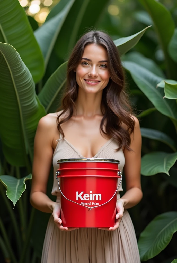 Beautiful australian girl posing wirh a red paint bucket branded “keim”, “mineral paint” background is green plants, sustainability