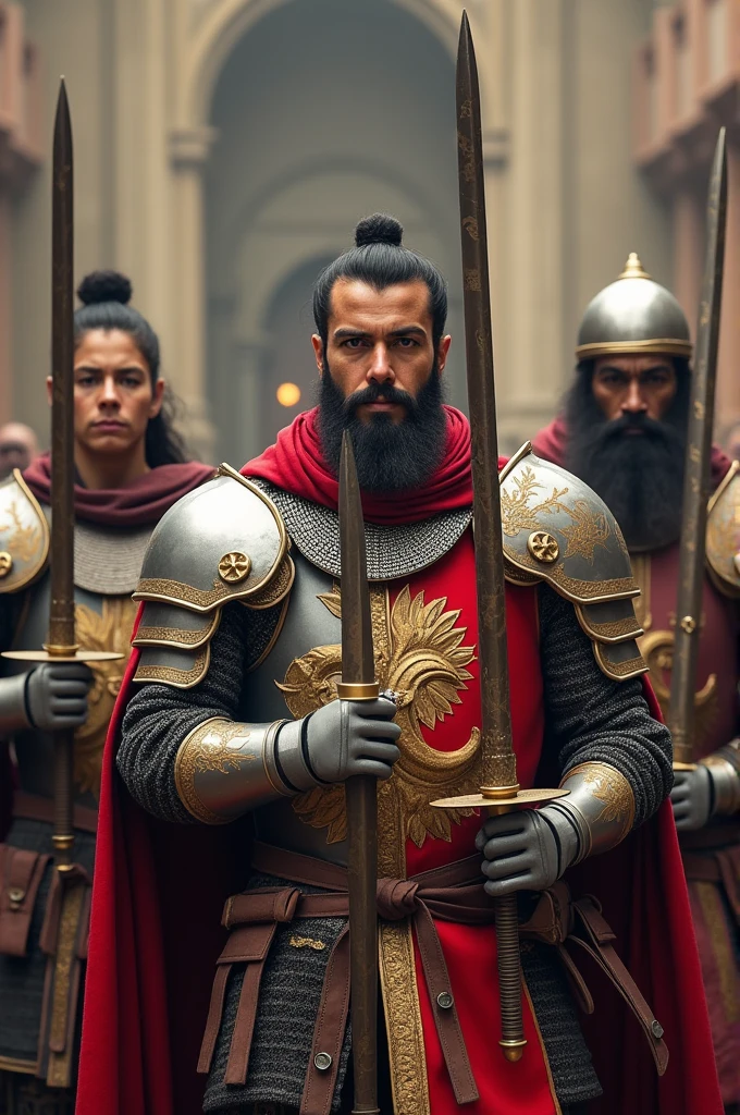 Three diferent etnic and culture knghts raisings his swords and holding their shields in front their chests