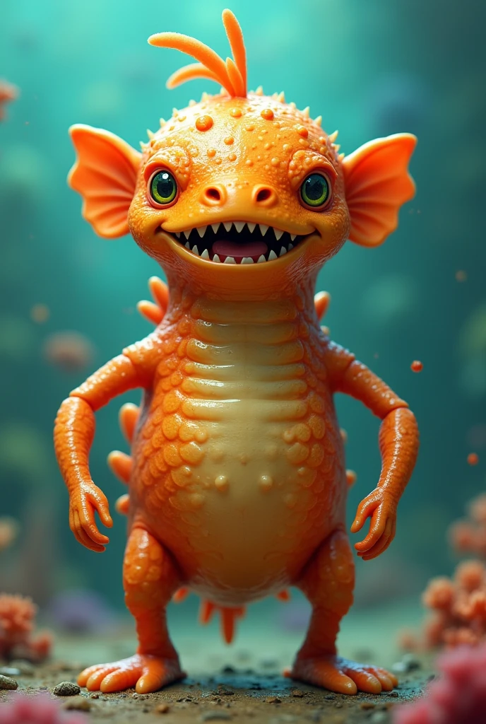 A creature that has an orange cylindrical body, a round head, four fins with compound eyes, have scales, that is covered in fat, round ears, sharp teeth.