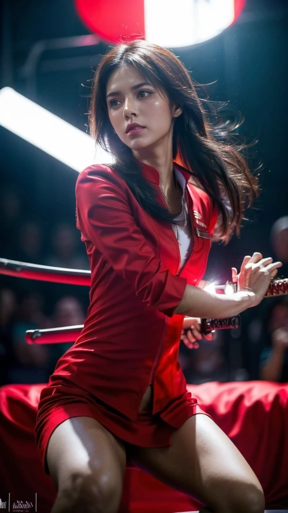 Masterpiece:1.2, best quality, 8k, UHD, high detailed, portrait, hyperrealistic, cinematic light, one 20s woman, airasia flight attendant uniform, slim and perfect figure, perfect body proportions, beautiful, pretty, digital art, light and shadow, long hair, red suit, red skirt, battoujutsu:1.4, squating:1.4, white sword sheath:1.4, red sword hilt:1.4, upper body shot, straight sword:1.4, in cockpit, sword hilt and sword sheath align