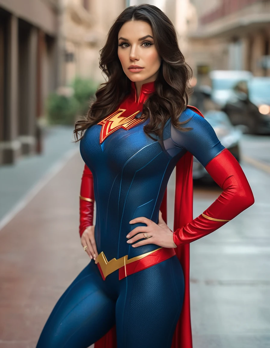 professional portrait photo of Grccrlncrry woman, looking at the camera, Revealing Busty outfit with cleavage and skin tight  superhero costume. Curvaceous figure, large breasts, voluptuous, sexy, sexy pose, perfect ass, perfect tits, perfect face, beautiful face. Showing cleavage, highly detailed, skin texture.
