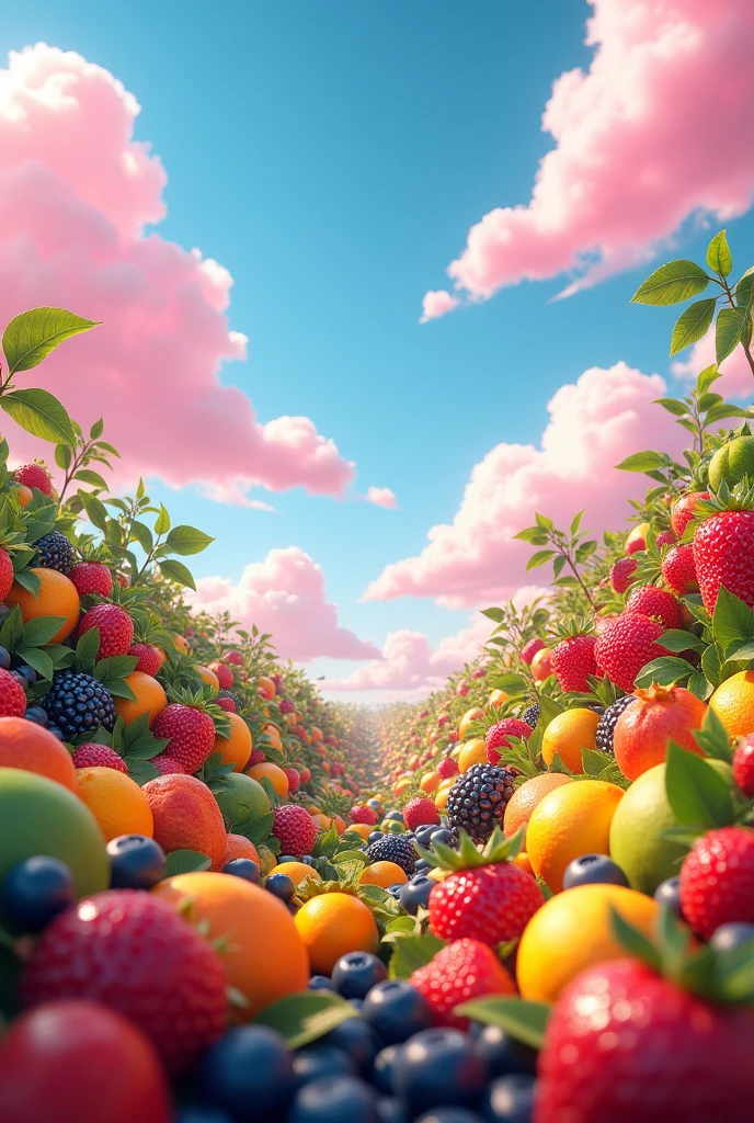 A vegetation of colorful fruits with blue sun and pink clouds