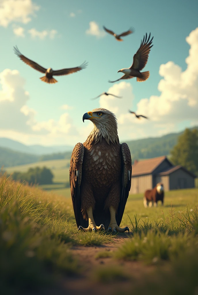 **Eagle Looking Back at the Sky**: "An older, weary eagle standing in the farmyard, gazing up one last time at the eagles flying high above. The scene is bittersweet, with the eagle still longing for the freedom it never claimed."
