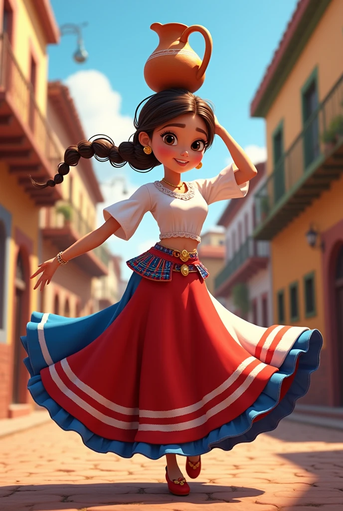 Poster of a Pixar character in a typical Paraguayan costume, wearing a white blouse, dancing with brown hair in a braided ponytail and a jug on her head, Brown eyes, Clothing white blouse with long tricolor skirt red on top, white and blue below.