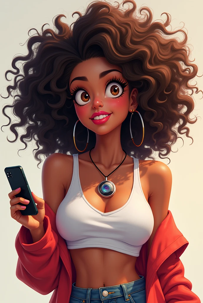 woman with very curly and frizzy hair and blacks, rosy lips, Brown eyes, fat and wide face, woman with cell phone in hand, gamer clothes, styled, Disney movies