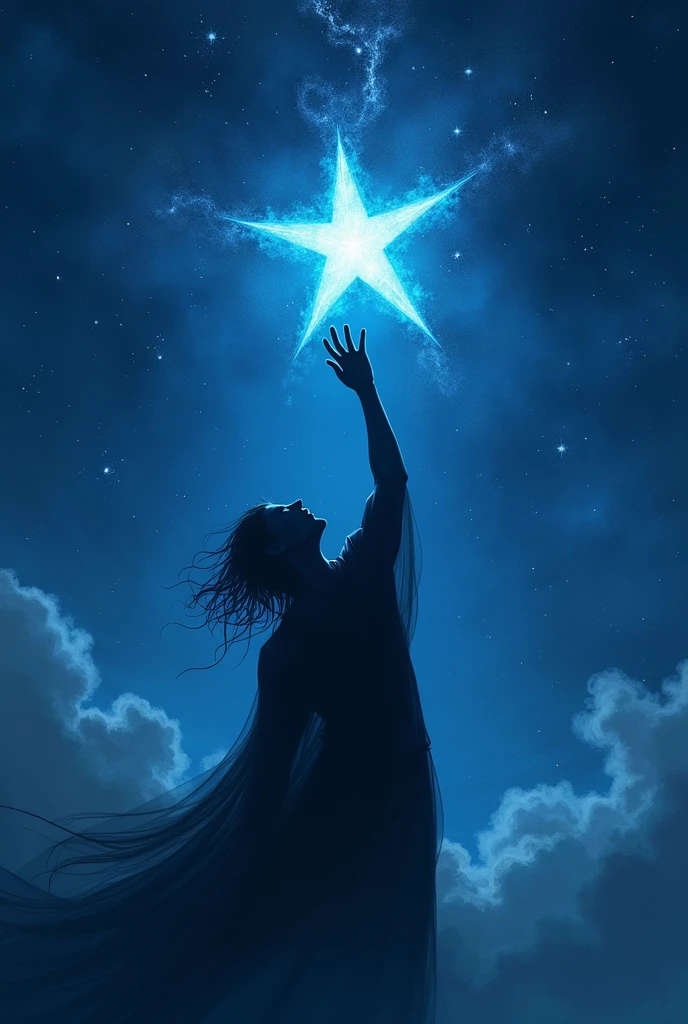 Create a cover for a book featuring a shadow trying to catch a floating star in the dark, bright sky