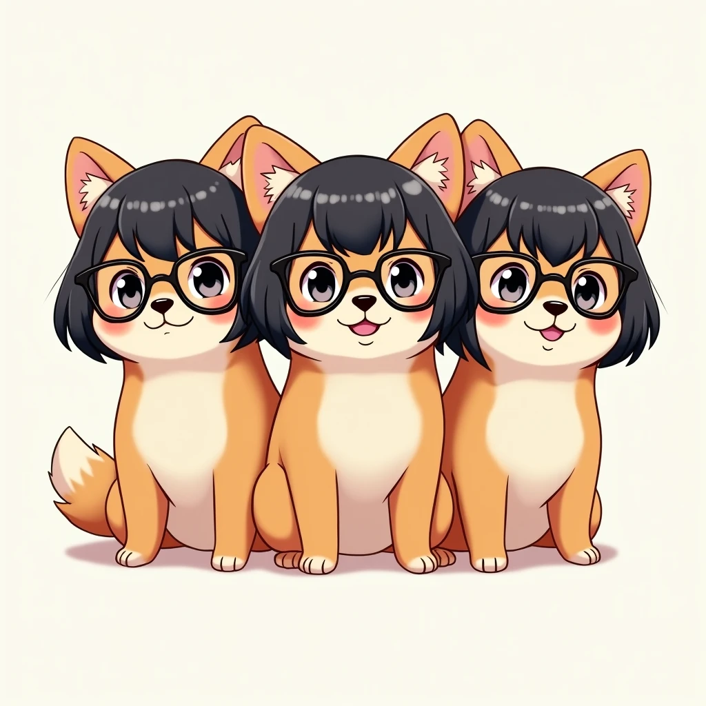 Black bob short　Shiba Inu Costume　three-headed body　Black-rimmed glasses　anime　An illustration　cute　Disney style
