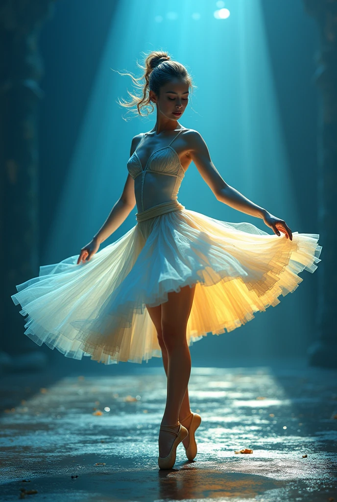 Crystal ballerine real girl spinning, blue and yellow shades only artwork