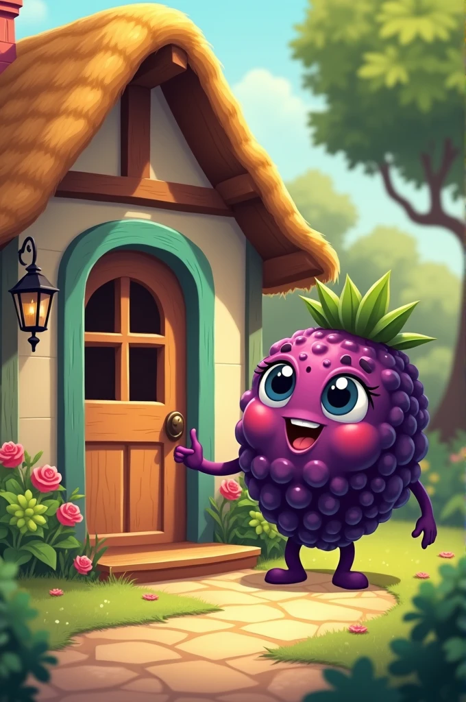 Cartoon of blackberry fruit knocking on the door of a little house