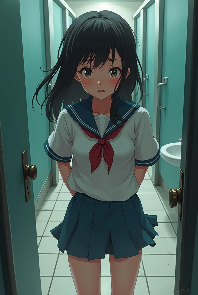 Anime nerd style girl locked inside a bathroom with her face all red and scared but with a passionate look with the age of being trapped in a school bathroom 