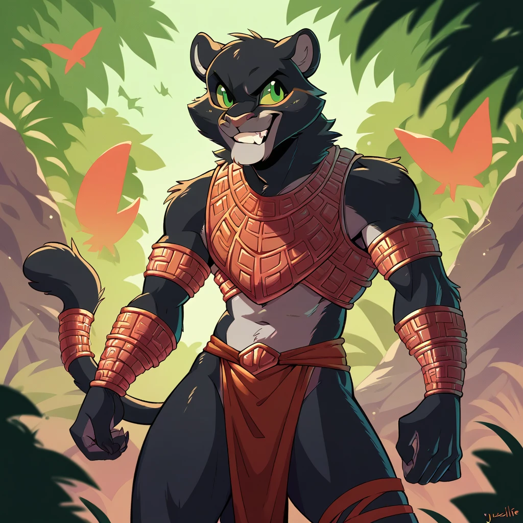 juzztie, score_9, score_8_up, score_7_up, score_6_up, Evil 
jaguar with ebony black fur and Jungle Green eyes in demonic armor