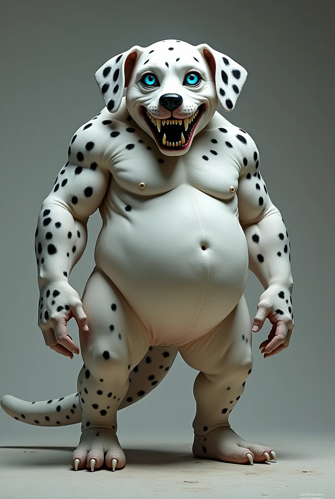 Blue-eyed humanoid Dalmatian, sharped teeth, huge ass, Breasts huge. Furry