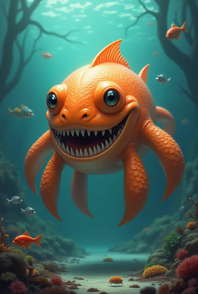 A creature that has an orange cylindrical body, a round head, four fins, that has compound eyes, have scales, that is covered in fat, round ears, sharp teeth.
