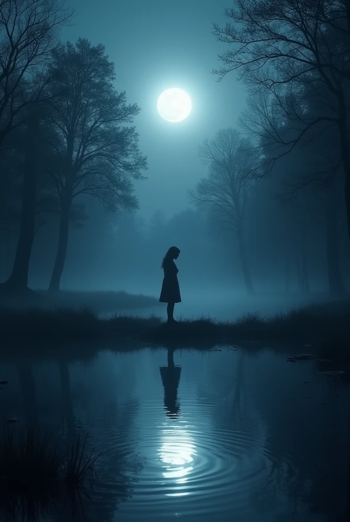 (0:00 - 1:00)
Scene: Intro and First Verse

Visuals: Start with a dark, misty forest scene at night. The camera slowly pans through the trees, revealing moving shadows and faint moonlight filtering through the fog. As the first verse begins, the focus shifts to a small, reflective lake. A female solitary figure stands at the edge, gazing into the water. The moon is high in the sky, its reflection shimmering on the lake's surface. Ripples begin to form as the cello plays, distorting the reflection.
Effects: Use soft lighting to create a gentle glow around the moon. Add subtle shadow movements and light flares to enhance the ethereal atmosphere. Keep the colors cool and muted, focusing on deep blues, purples, and silvery whites.
Prompt: "A misty forest at night with a reflective lake, shadows moving in the moonlight, a solitary figure standing by the water as ripples form, all in a cool, muted color palette."


