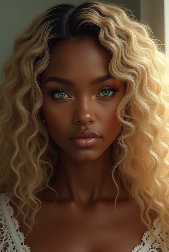 A black woman with beautiful long, curly blonde hair and beautiful emerald green eyes