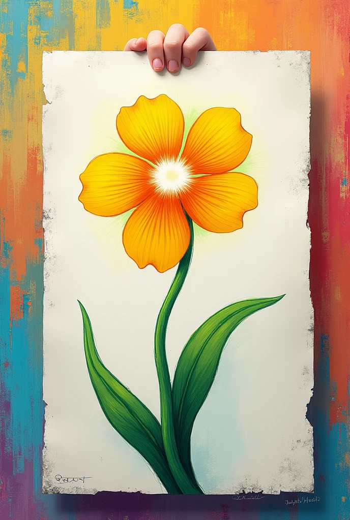 A drawing a flower with yellow petals and a white center with a twisted green stem on a colorful art board. The instructor congratulates her, saying that it is a beautiful work of art..