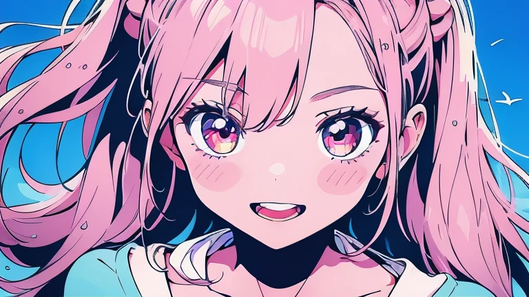 (masterpiece, Highest quality), one cute girl, the girl wearing (summer casual and cute clothes),  (pink long hair, layered hair) and (pink eyes), medium breasts, hair scrunchie, :d, summer sky, (((bold outline))),  Vector art, flat color,